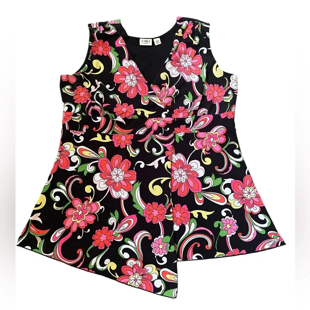 Cato Y2K Plus Size Hippie Boho Groovy Psychedelic Floral Asymmetrical Wrap Top - Picture 1 of 5